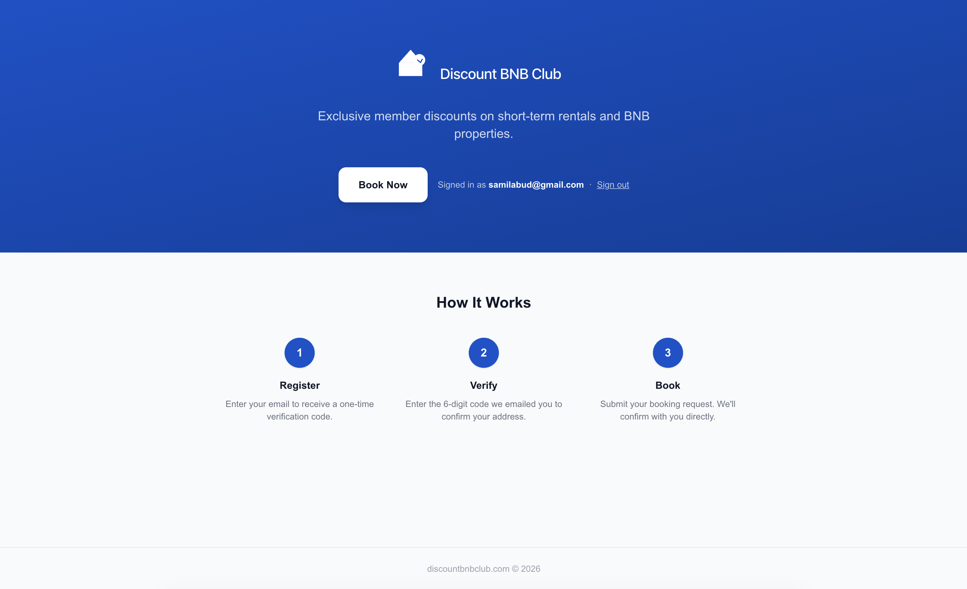 Discount BNB Club member landing page with Book Now button and How It Works steps