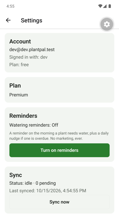 PlantPal settings screen with account, plan, reminders and sync