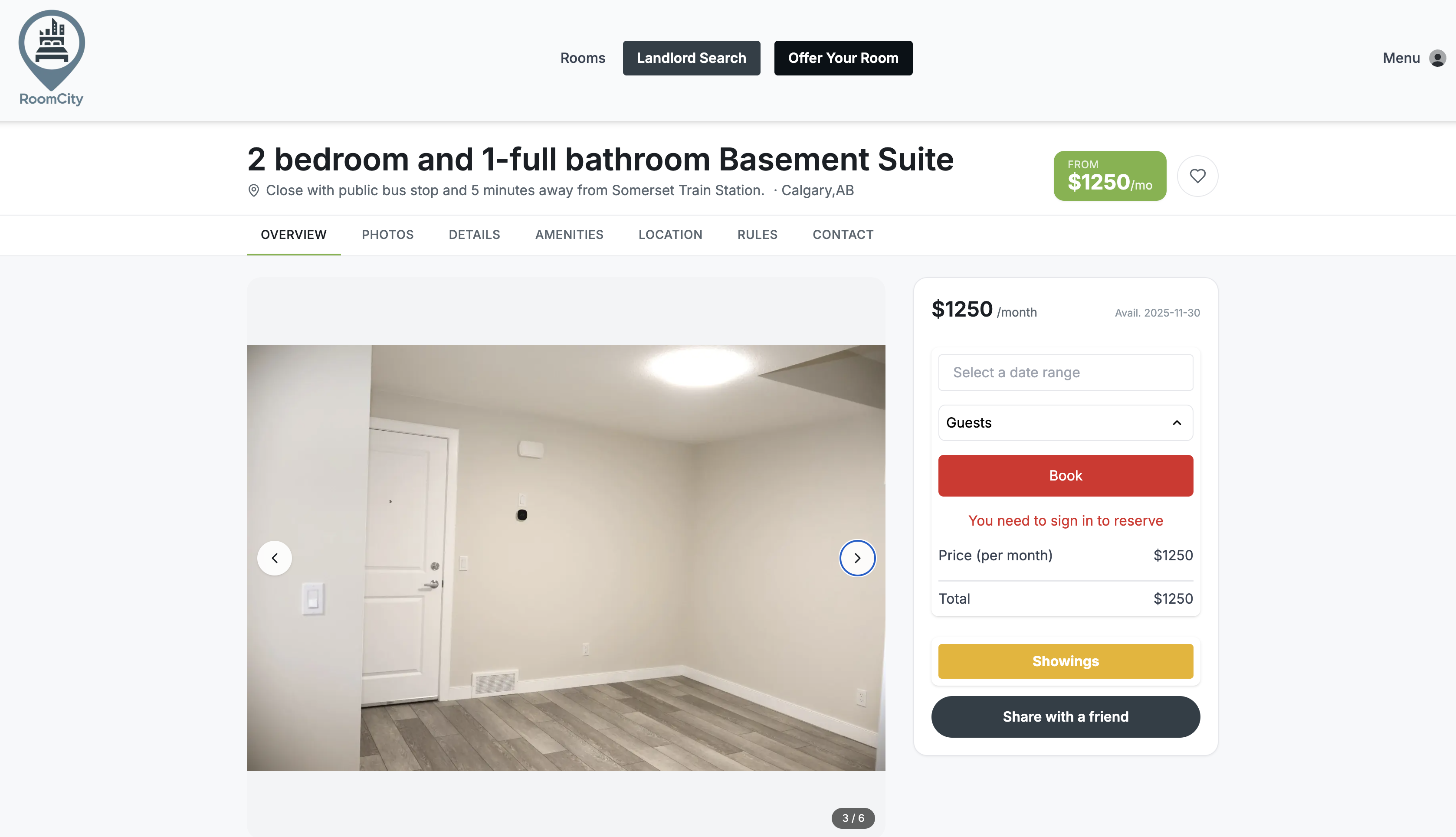 CityRoomFinder listing page for a Calgary basement suite with a photo slider, monthly price and booking panel