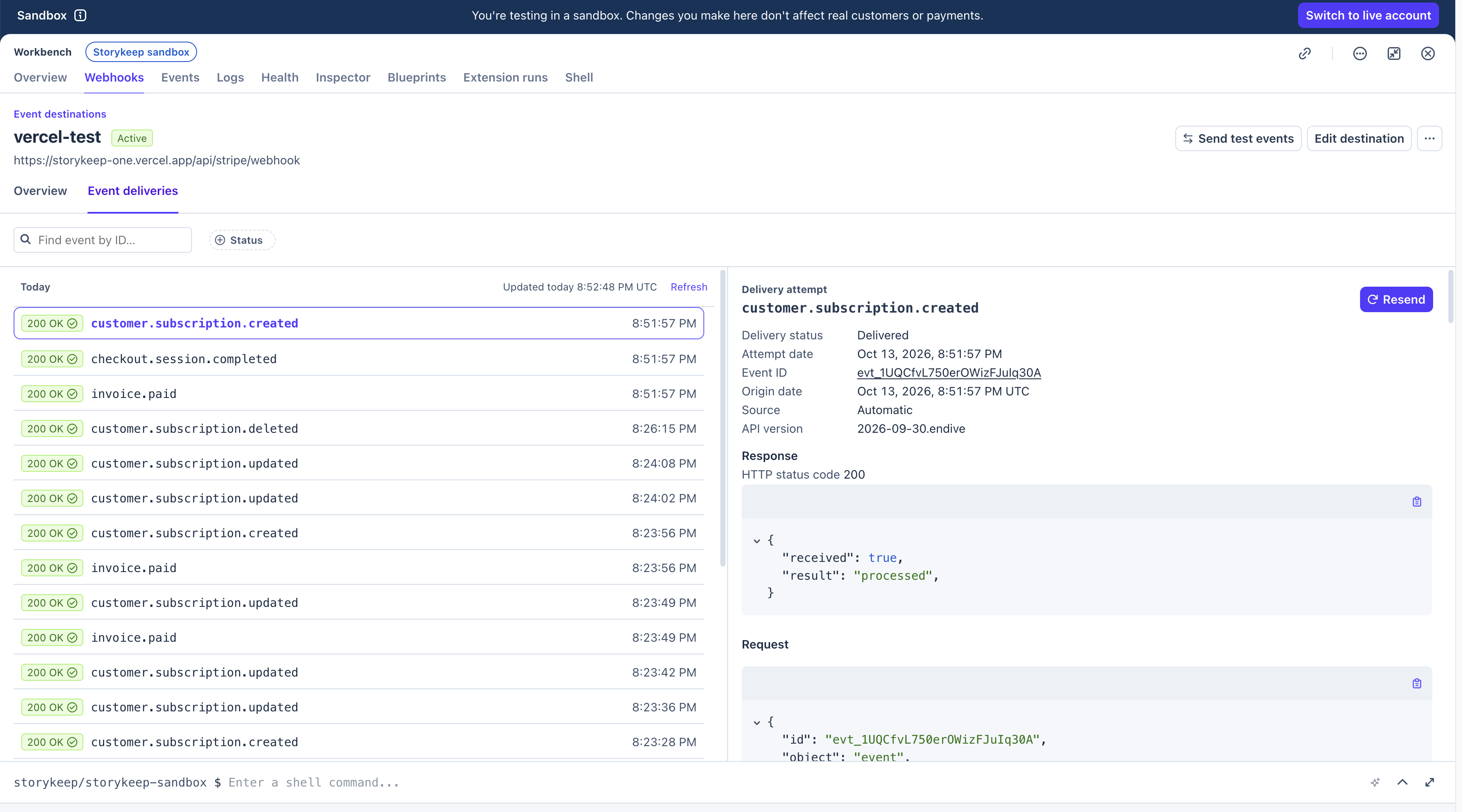 StoryKeep Stripe test-mode webhook deliveries log, subscription and invoice events all returning 200 OK