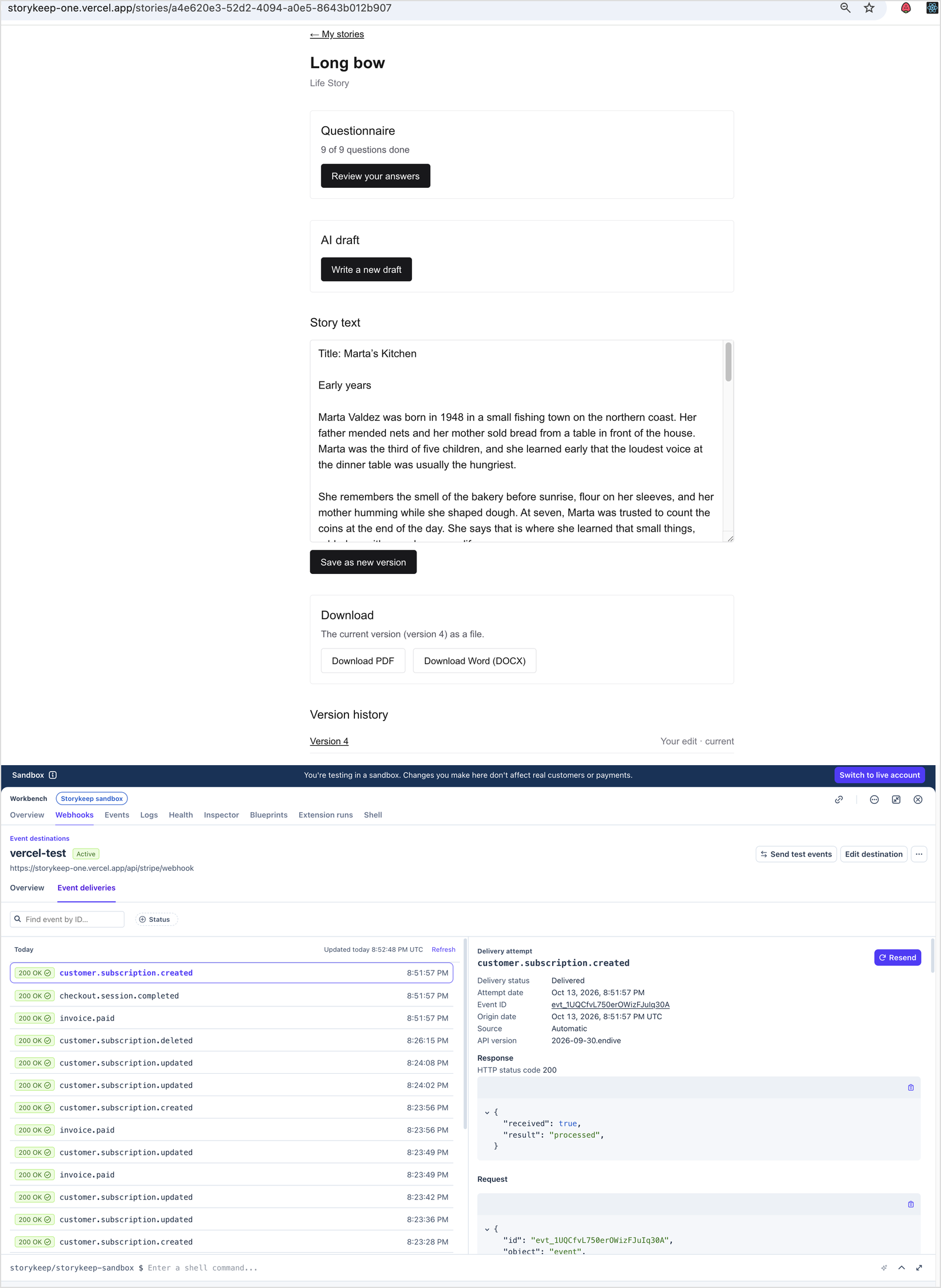 StoryKeep story editor with version history and PDF/DOCX export, stacked above its Stripe test-mode webhook deliveries log showing subscription and invoice events all returning 200 OK