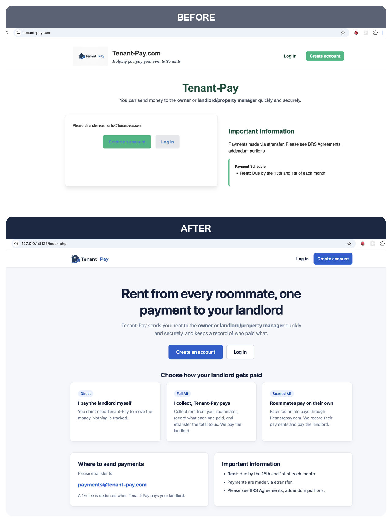 Tenant-Pay before and after comparison of the redesigned home page